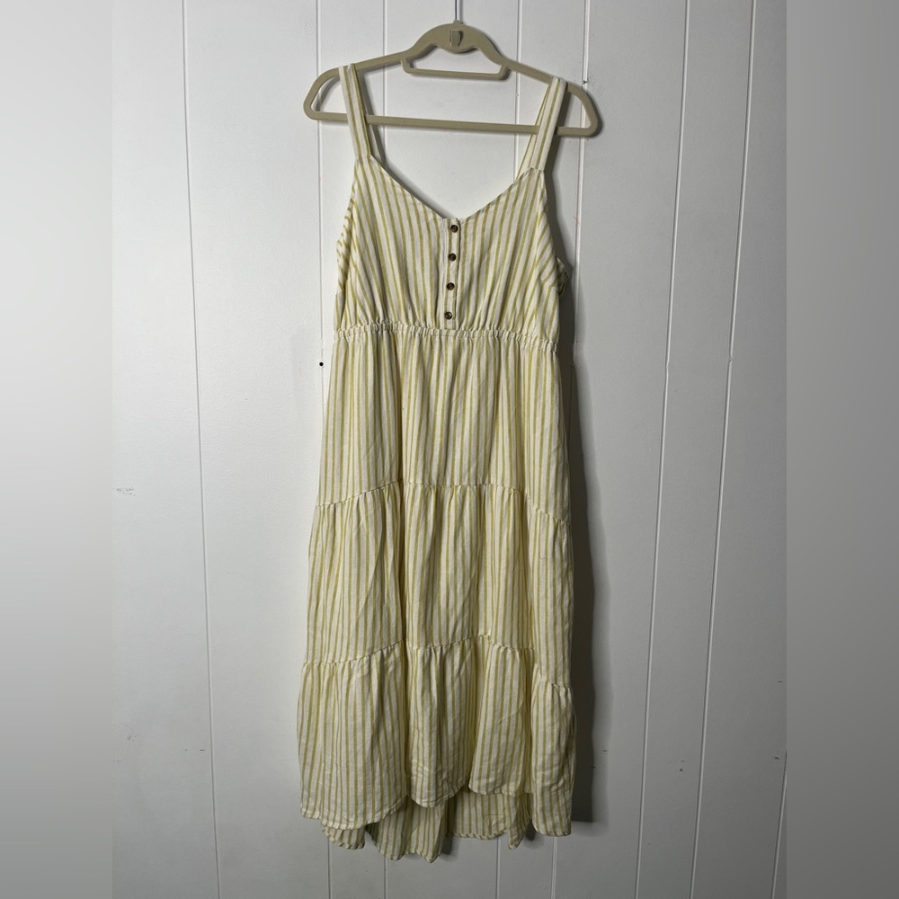 Sonoma Striped White and Green Linen Blend Sleeveless Midi Dress Tiered Large